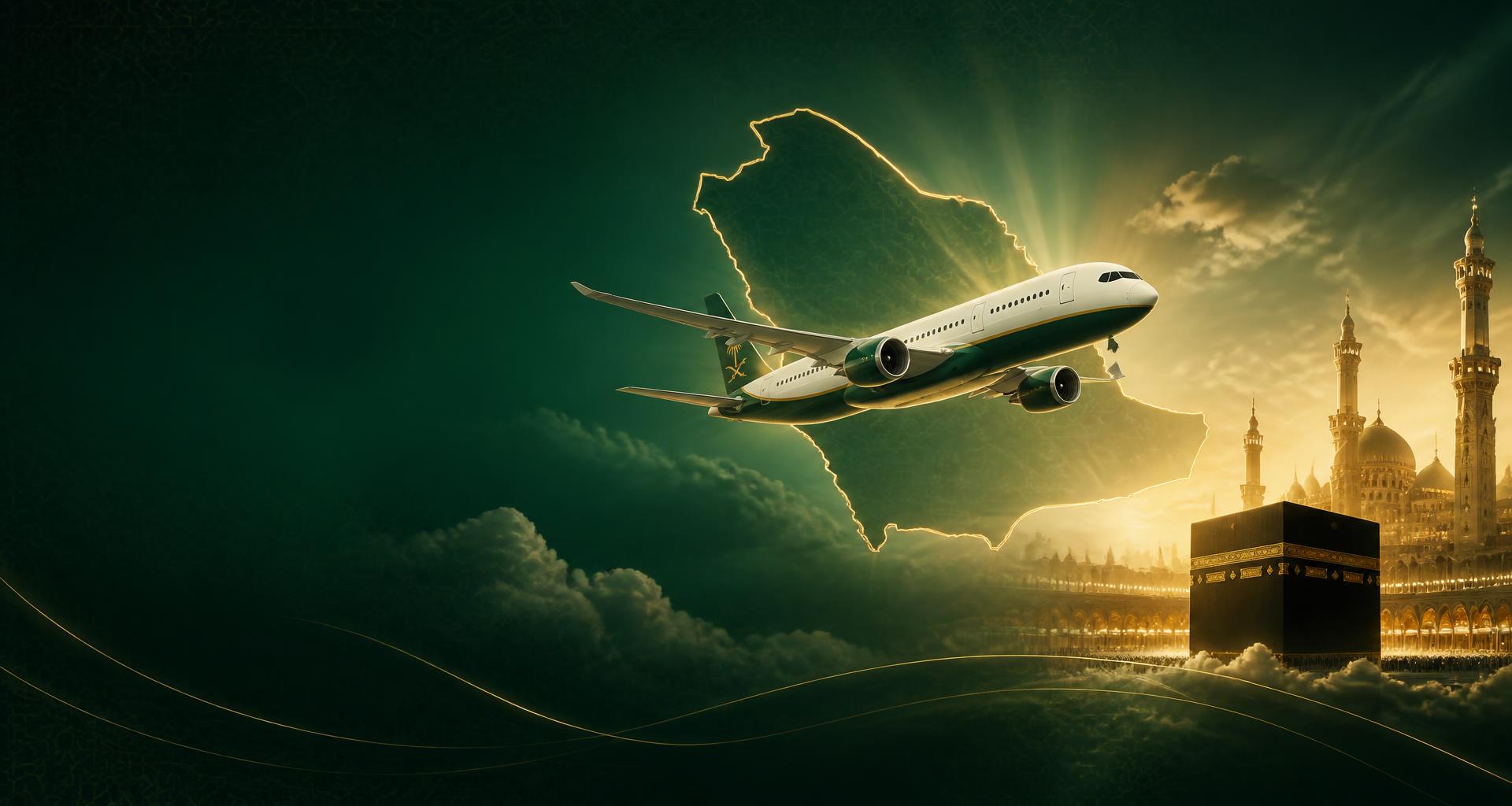 Saudia aircraft flying over Saudi Arabia towards the Kaaba and Masjid Al Haram